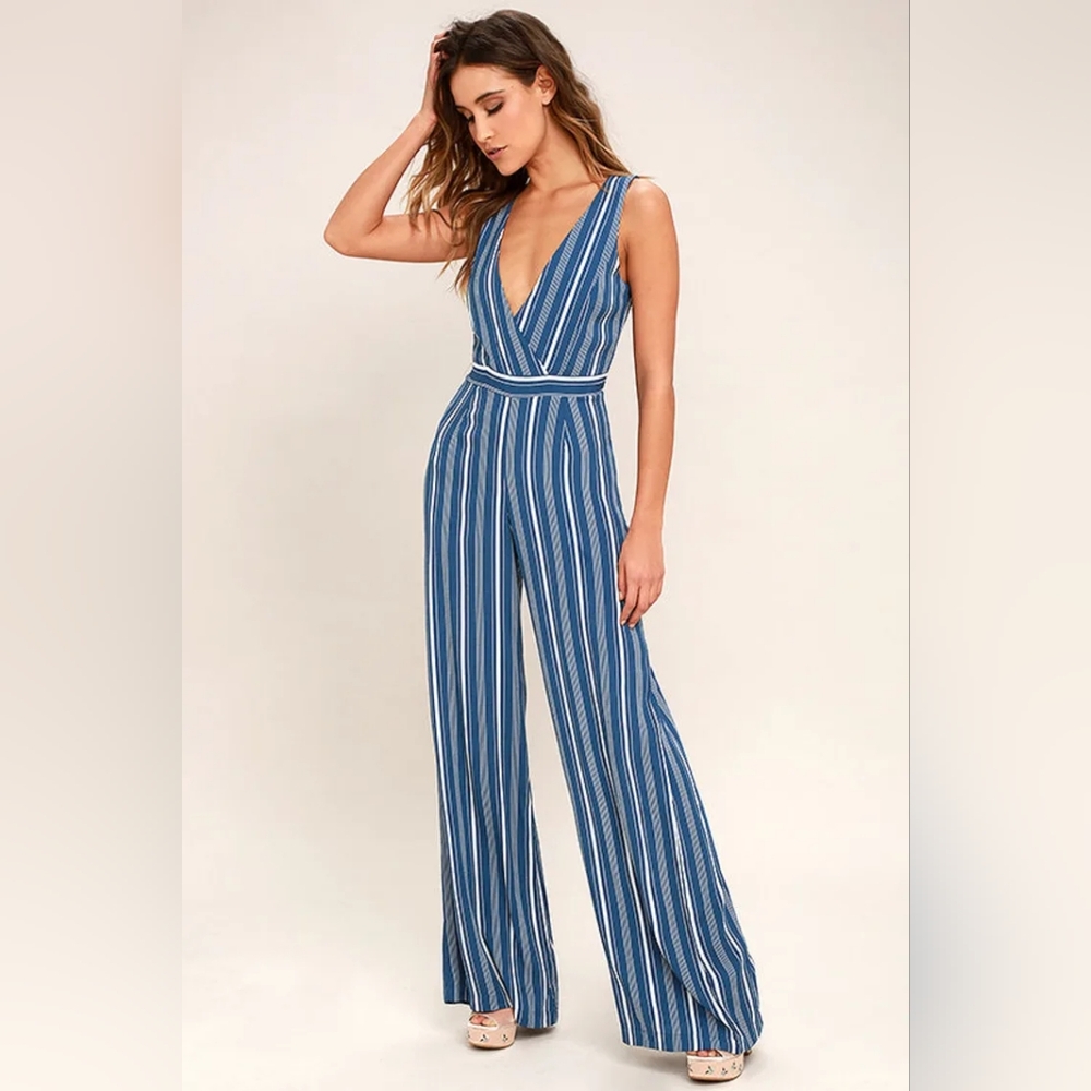 Lulus Montauk Yacht Club Blue and White Striped Jumpsuit Size XS